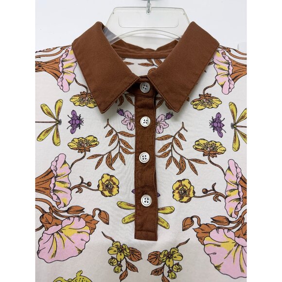 Tory Burch Ivory Rabbit Field Printed Mercerized Polo T Shirt Floral Bunny M - Picture 5 of 15